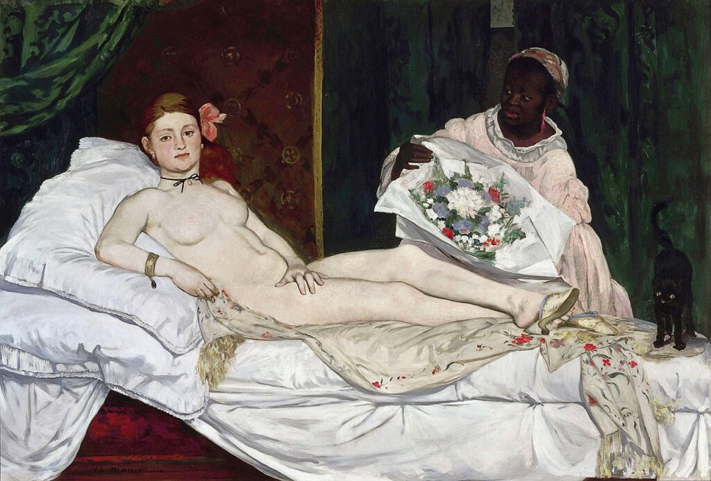 Édouard Manet's Olympia, 1863 — a reclining nude woman gazes directly at the viewer, challenging 19th-century conventions of the painted nude