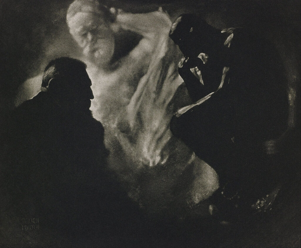Edward Steichen, Rodin with The Thinker and The Monument to Victor Hugo, 1902, Public Domain