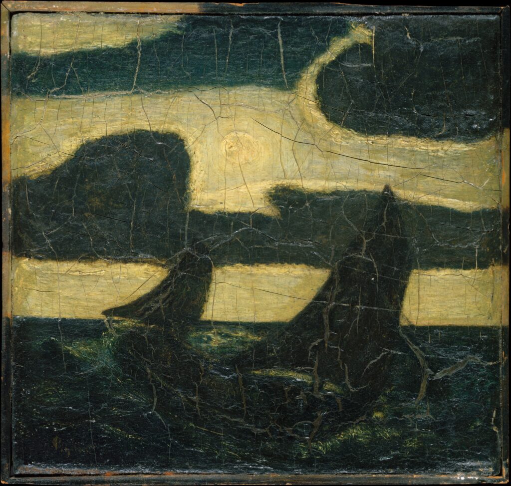 Albert Pinkham Ryder, Moonlight Marine painting showing a lone sailboat on a moonlit sea