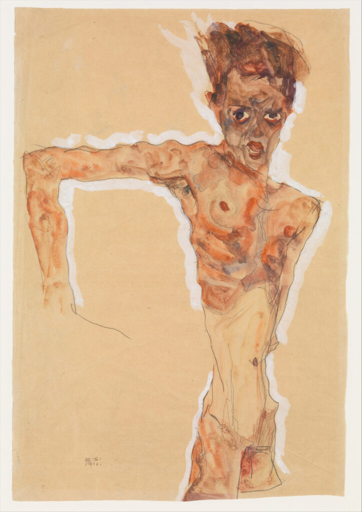 Egon Schiele self-portrait study in charcoal and watercolor showing angular distortion and psychological intensity