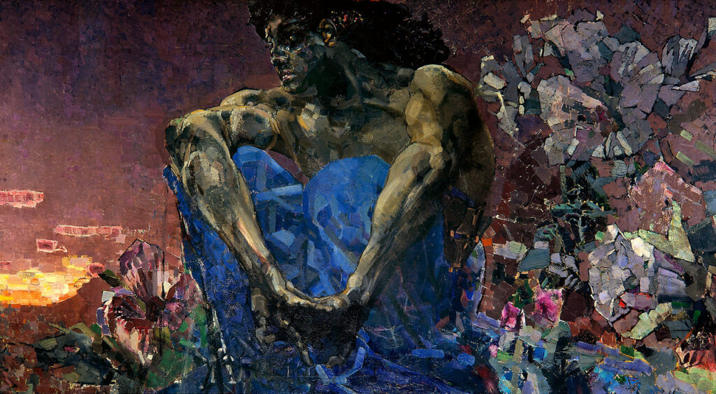 Mikhail Vrubel, The Demon Seated, 1890 — a muscular semi-nude figure sits among crystalline flowers at twilight