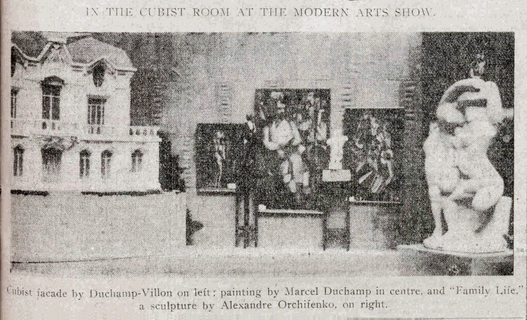 The Cubist room at the 1913 Armory Show in New York, featuring works by Marcel Duchamp including Nude Descending a Staircase