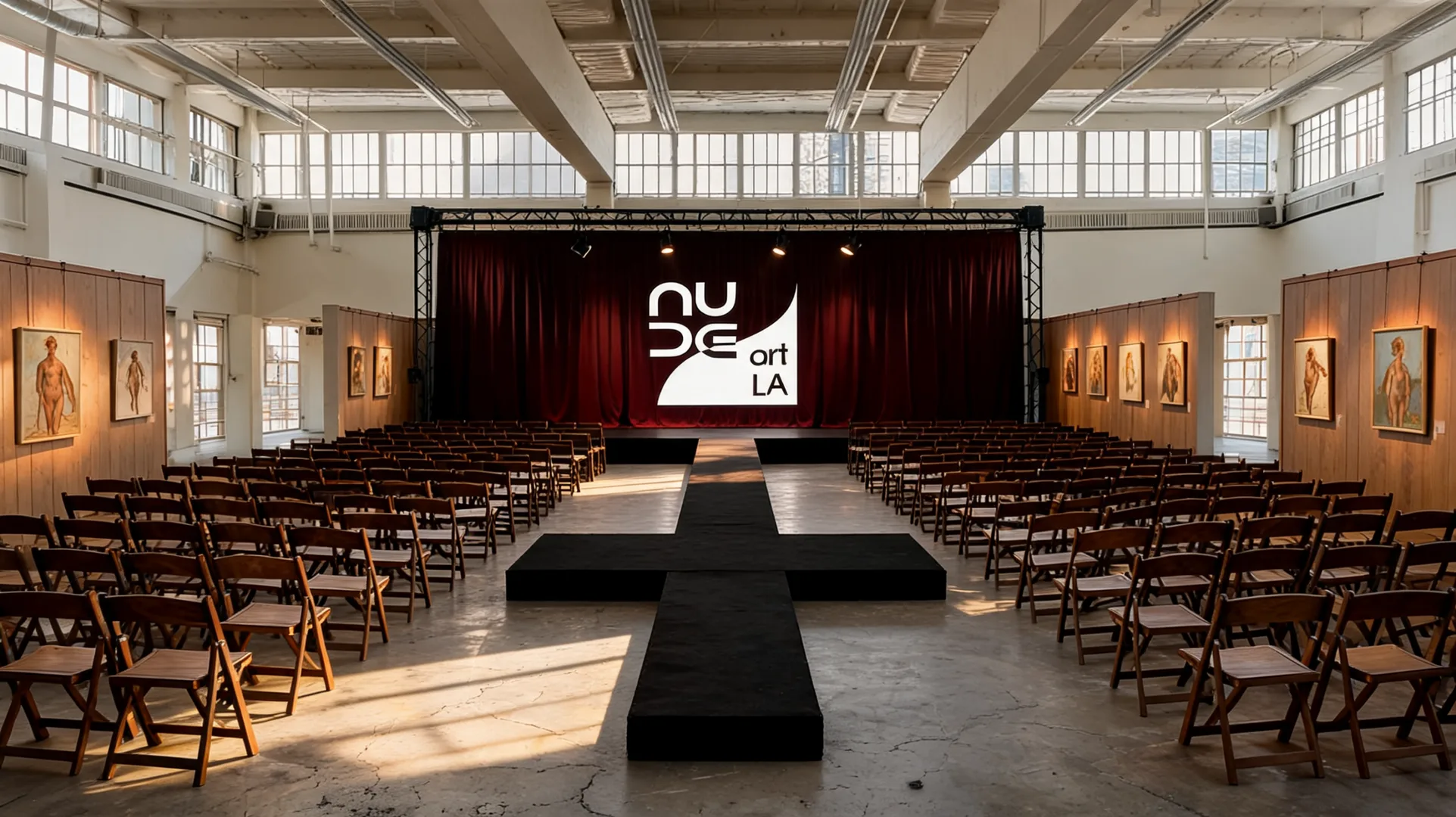 Nude Art LA — interior of an industrial loft set for a private salon, T-shaped runway stage, wooden gallery walls, crimson stage curtain