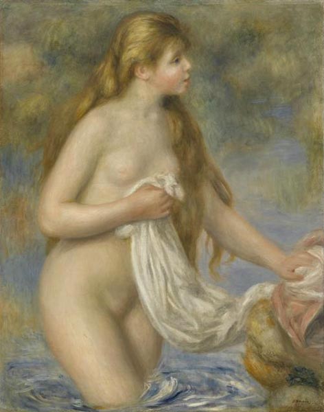 Pierre-Auguste Renoir Baigneuse aux cheveux longs (Bather with Long Hair), c. 1895. A nude woman sits by water with long hair cascading down her back.
