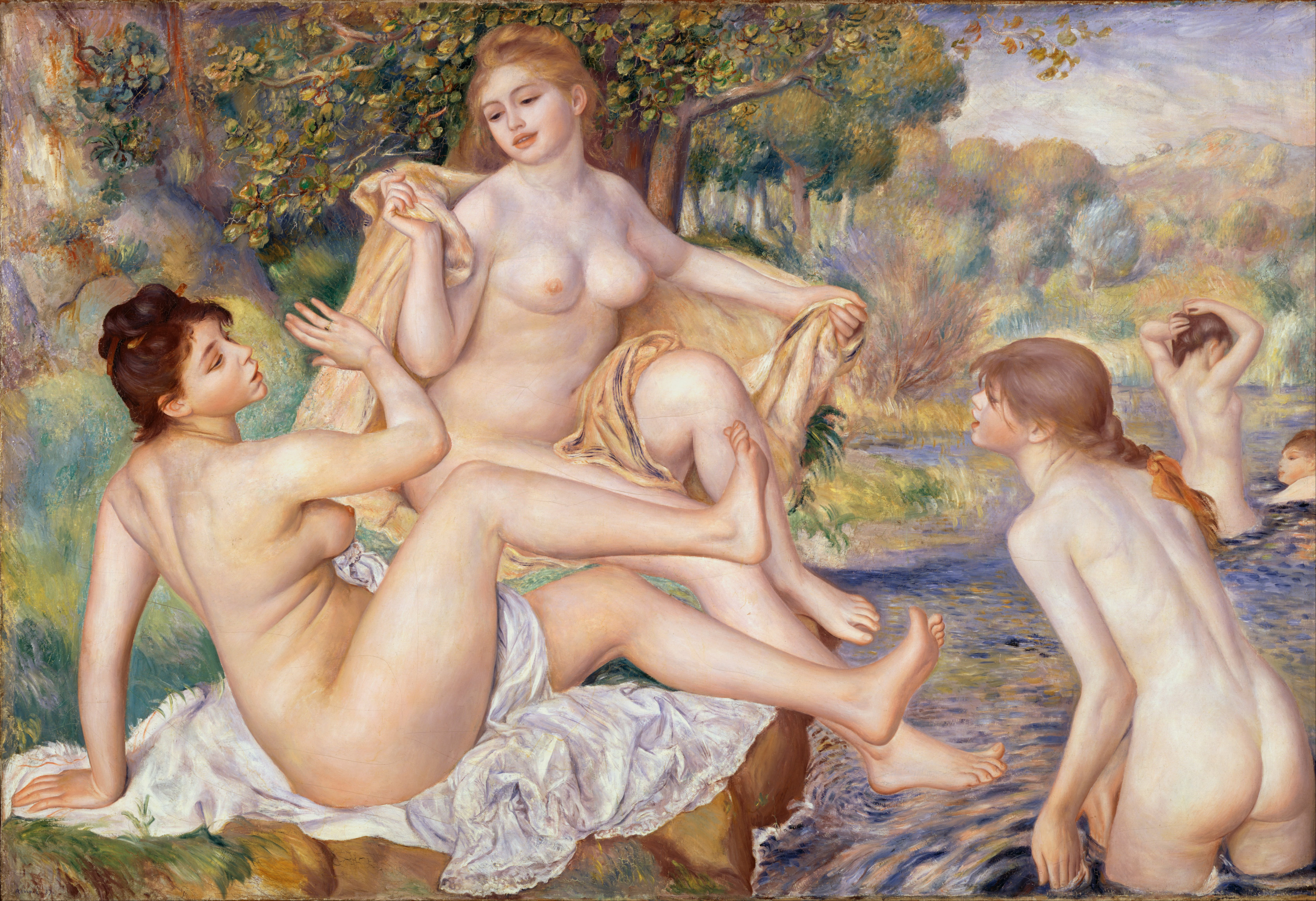 Pierre-Auguste Renoir Les Grandes Baigneuses The Large Bathers, c. 1884-1887, Philadelphia Museum of Art. Two nude women lounge by a stream, their flesh rendered in soft dappled light and warm tones.