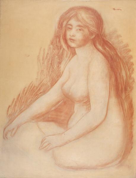 Pierre-Auguste Renoir The Bather (La Baigneuse), c. 1888, Dallas Museum of Art. A nude woman kneels by water wringing out her hair.
