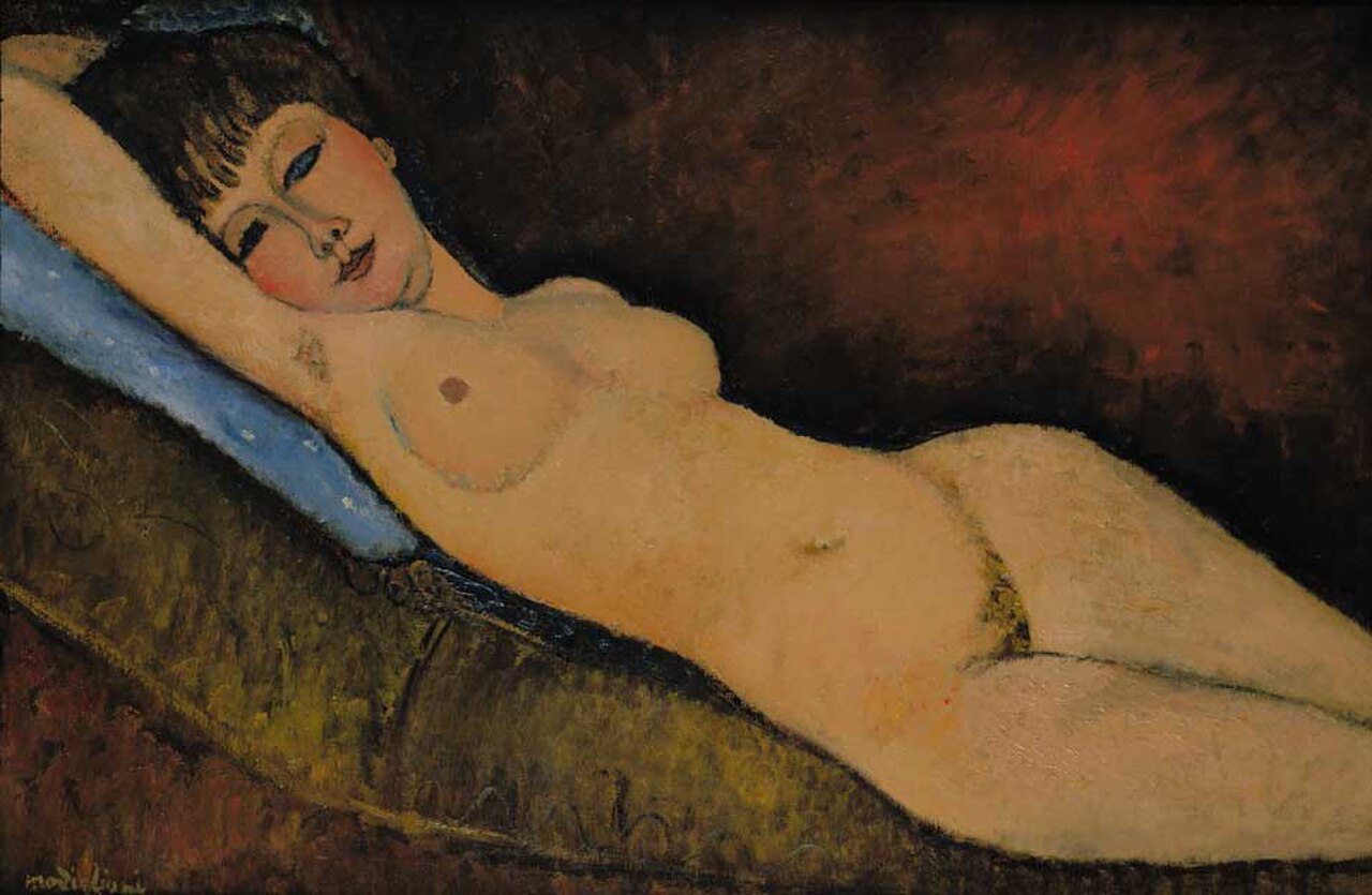 Amedeo Modigliani, Nu Couch\u00e9 au coussin Bleu (Reclining Nude with Blue Cushion), 1916