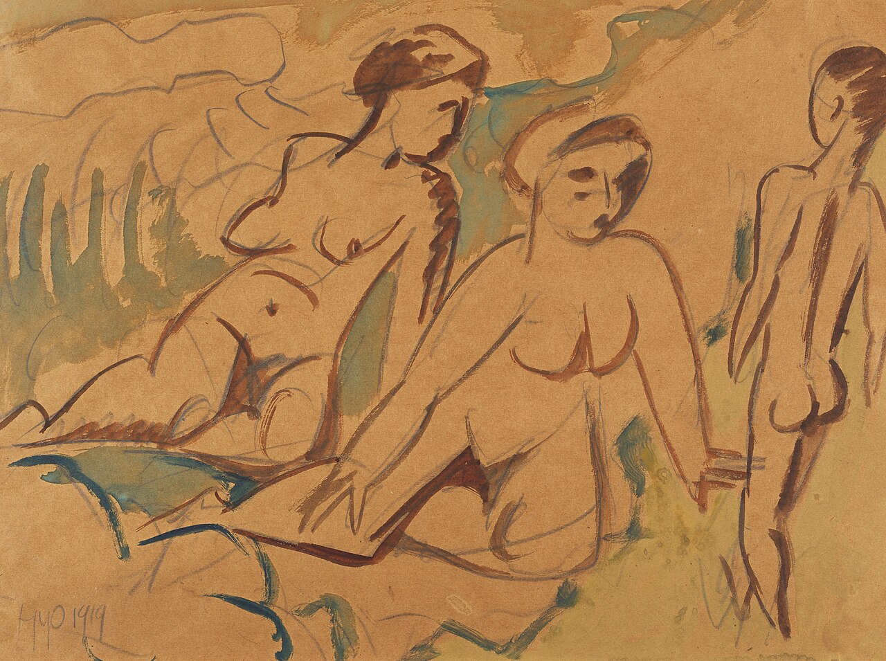 Max Pechstein, Akte am Strand (Nudes on the Beach), 1919. Watercolor. Four nude figures on a shoreline in hot orange and cool blue \u2014 emotionally exact rather than anatomically precise. Wikimedia Commons, Public Domain.