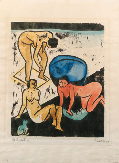 Max Pechstein, Badende I (Bathers I), 1911. Woodcut. Two angular figures sharing a frame \u2014 flesh carved into wood, stark contrasts of black and white. Wikimedia Commons, Public Domain.