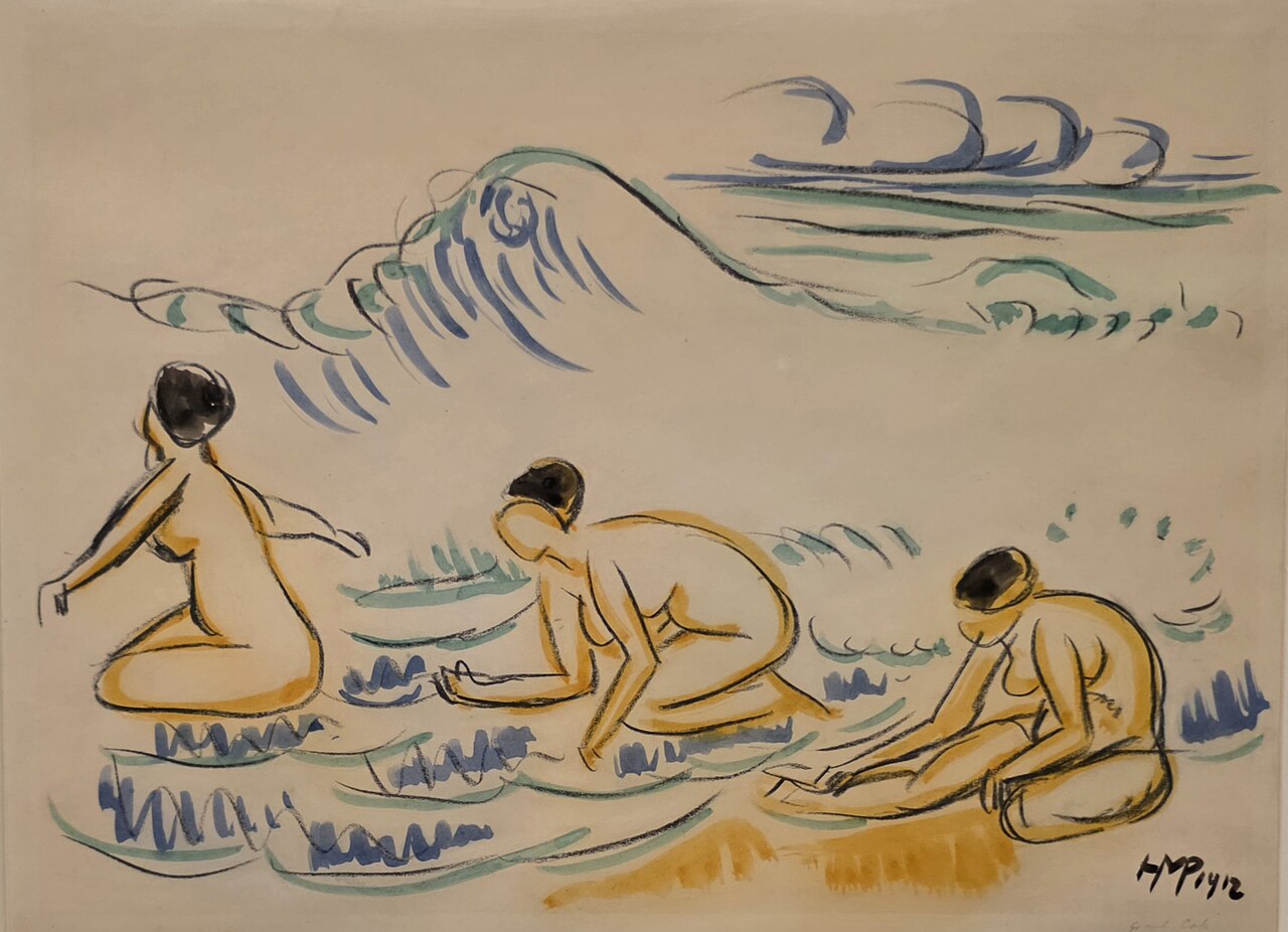 Max Pechstein, Sitzende und kauernde nackte Frauen (Seated and Crouching Nude Women), 1912. Watercolor and black chalk, Kunsthalle Mannheim. Two female figures, one seated and one crouching \u2014 simplified but specific individuals caught in a private moment. Wikimedia Commons, Public Domain.