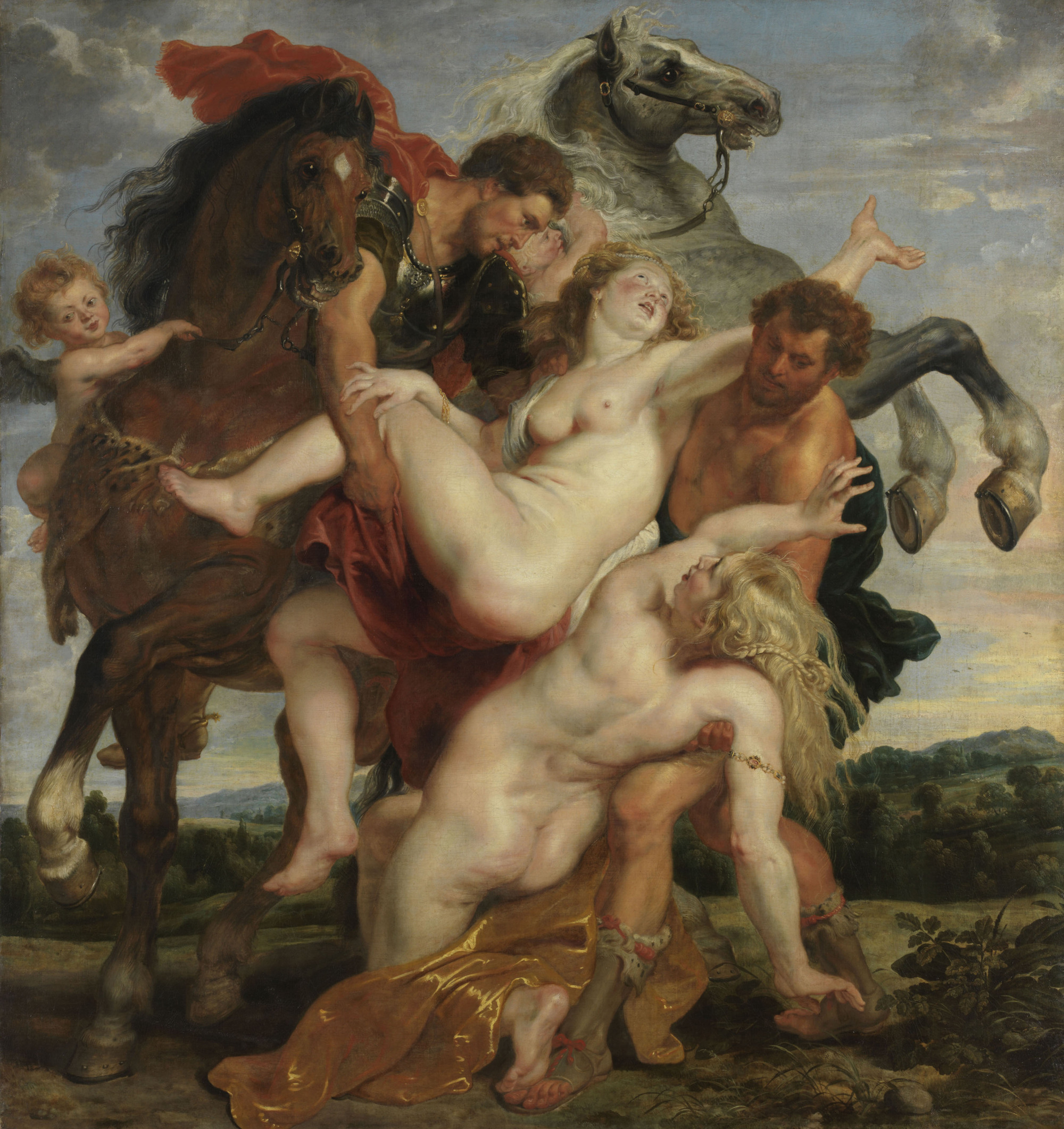 Peter Paul Rubens, The Rape of the Daughters of Leucippus, c. 1617-1618. Dynamic Baroque composition of nude figures in violent motion.