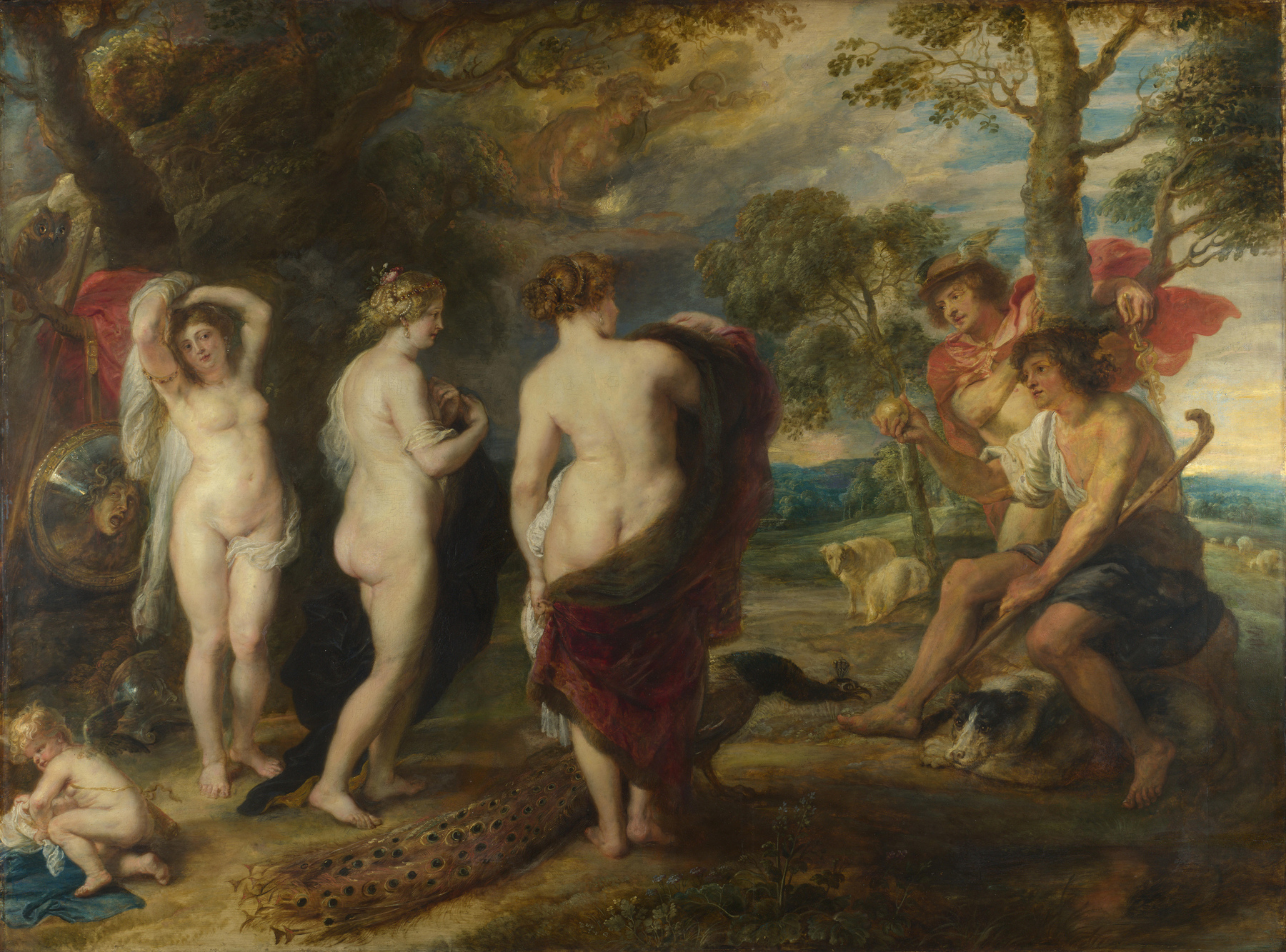 Peter Paul Rubens, The Judgment of Paris, c. 1632-1635. Three nude goddesses presented to Paris, painted in Rubens warm late style.