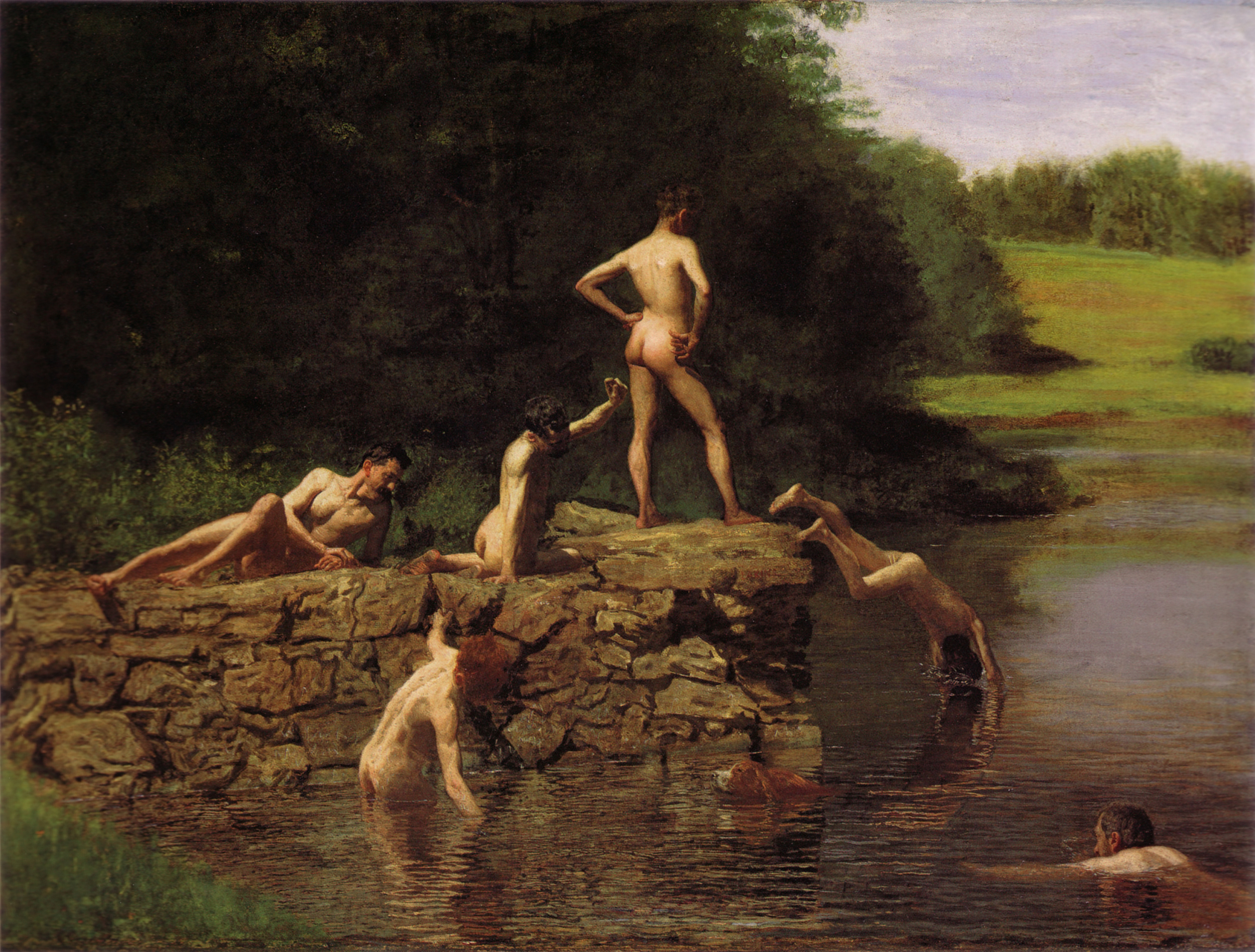 Thomas Eakins, The Swimming Hole (1885) — six nude male figures swimming and lounging at a pond