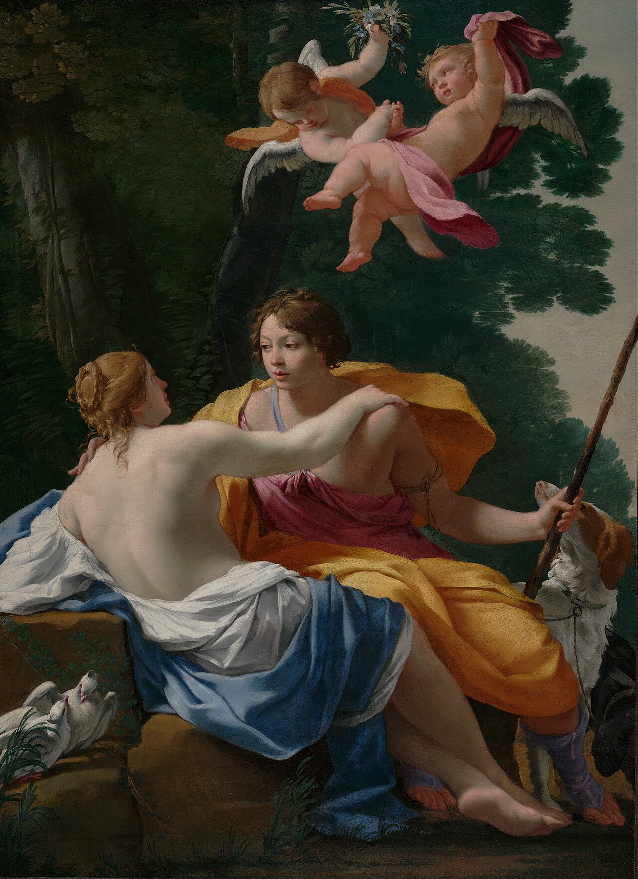 Simon Vouet, Venus and Adonis, c. 1642 \u2014 oil on canvas, Getty Center. Venus clings to Adonis as he prepares to leave for the fatal hunt, her nude body a study in impending loss.