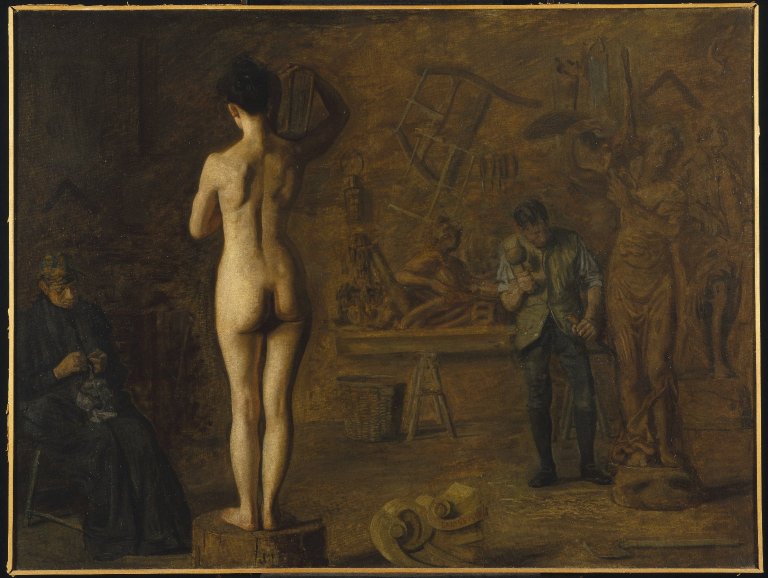 Thomas Eakins, William Rush Carving His Allegorical Figure of the Schuylkill River (1908) — a sculptor works on a wooden figure while a nude model sits beside him