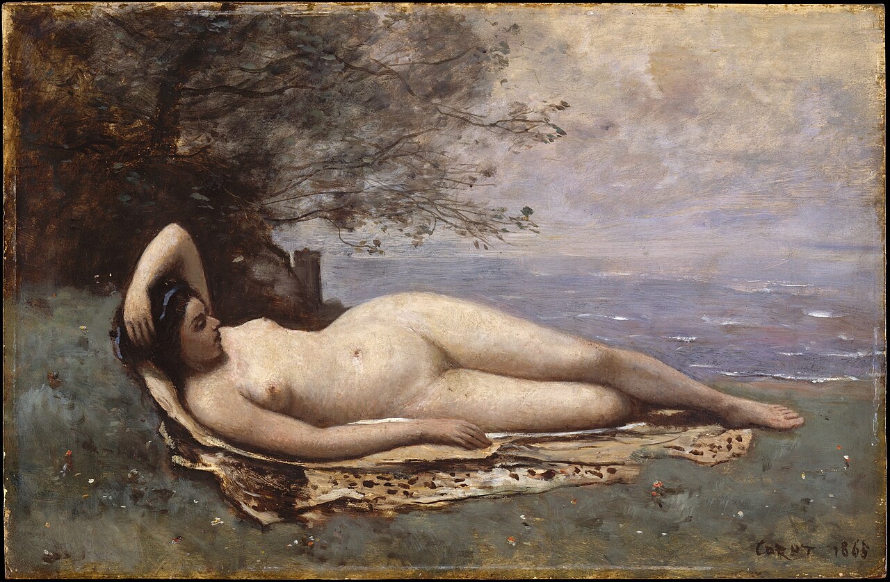 Camille Corot, Bacchante by the Sea, 1865. A reclining nude female figure on a shoreline, body dissolving into the atmospheric landscape around her.
