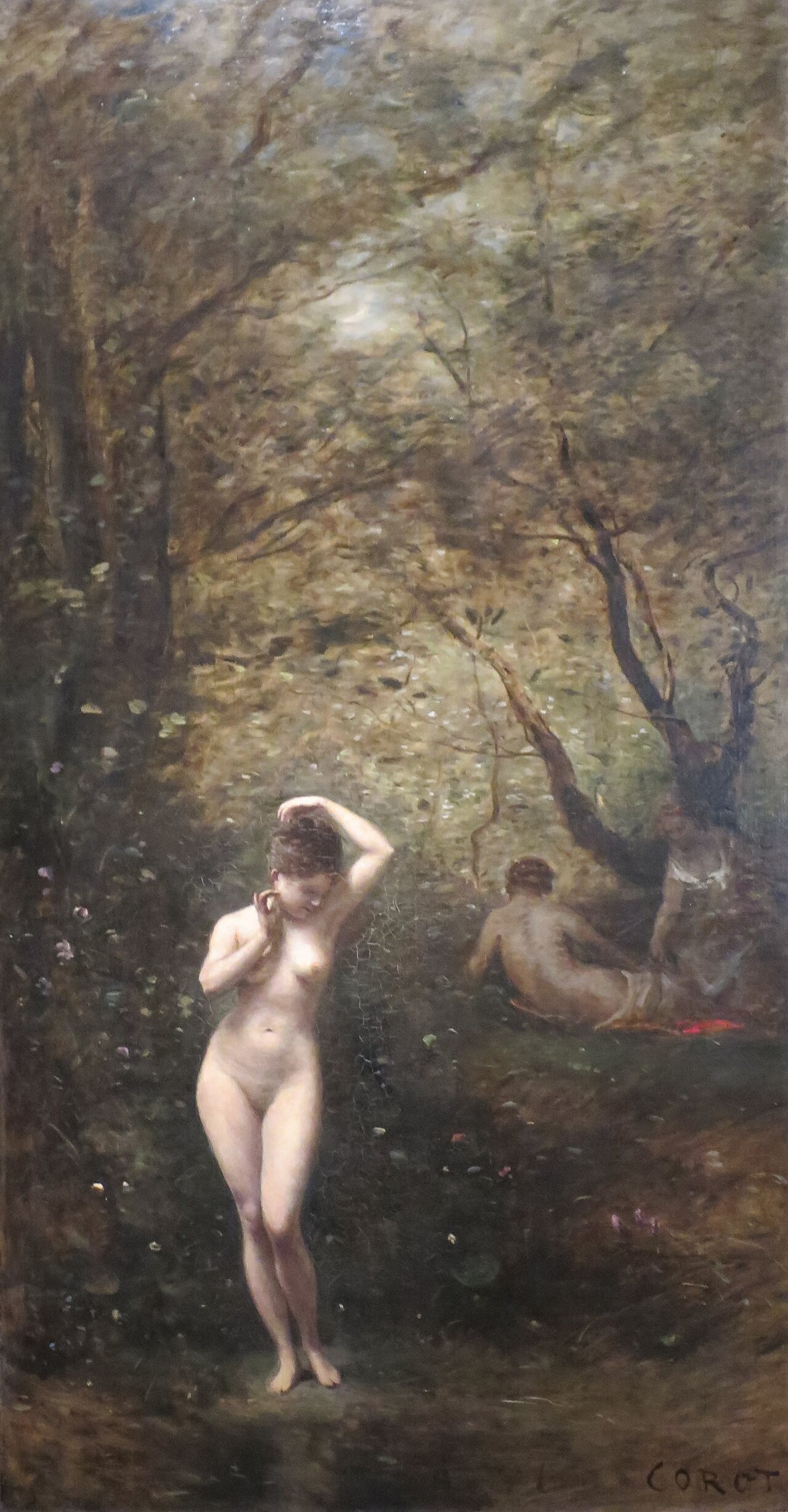 Camille Corot, Diana Bathing, 1873-74. The goddess Diana bathing alone in a woodland pool, her companions faintly visible in the background, painted with Corot's characteristic silvery atmosphere.