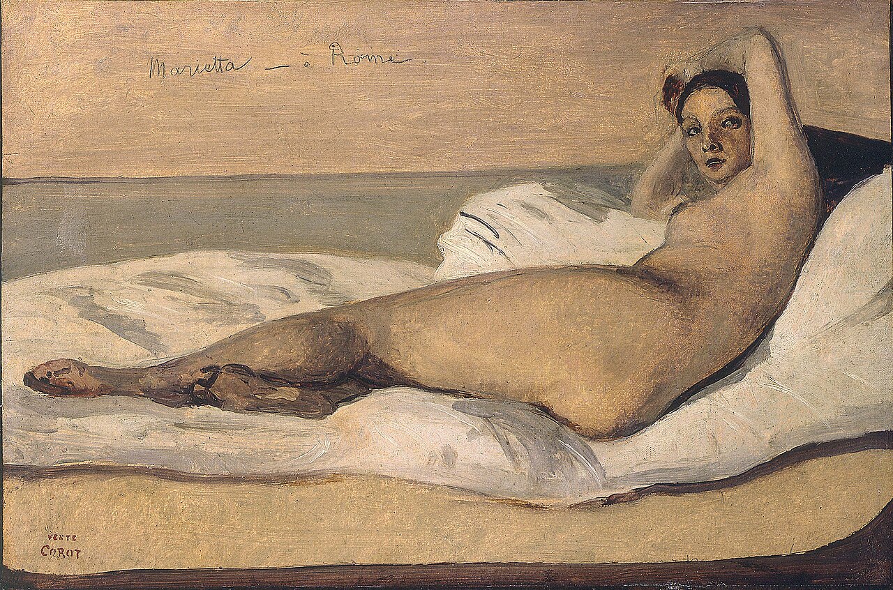Camille Corot, Marietta (L'Odalisque Romaine), 1843. A young Italian woman in a peasant blouse with one breast exposed, dark hair, looking directly at the viewer with a calm, unreadable expression.