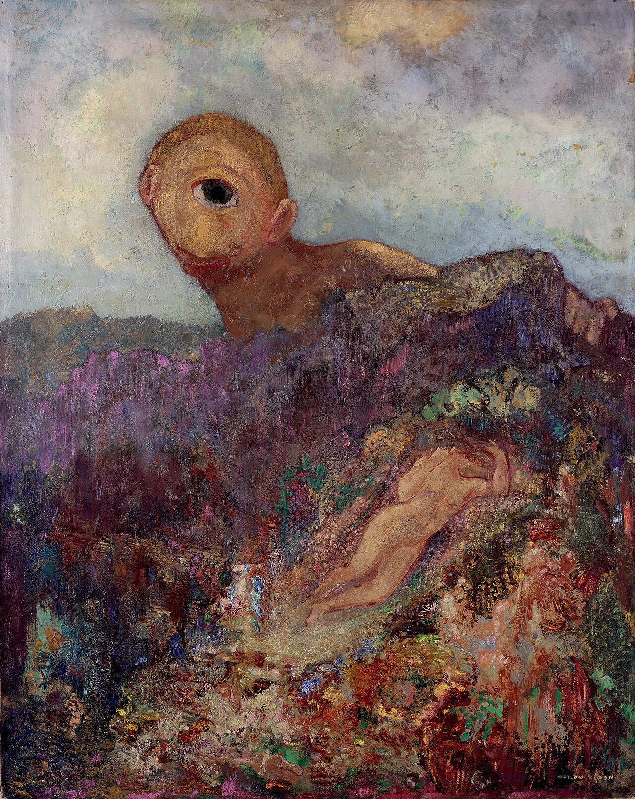 Odilon Redon, The Cyclops, c. 1914 \u2014 The nude Galatea asleep while the one-eyed giant Polyphemus watches tenderly from above. Pastel.