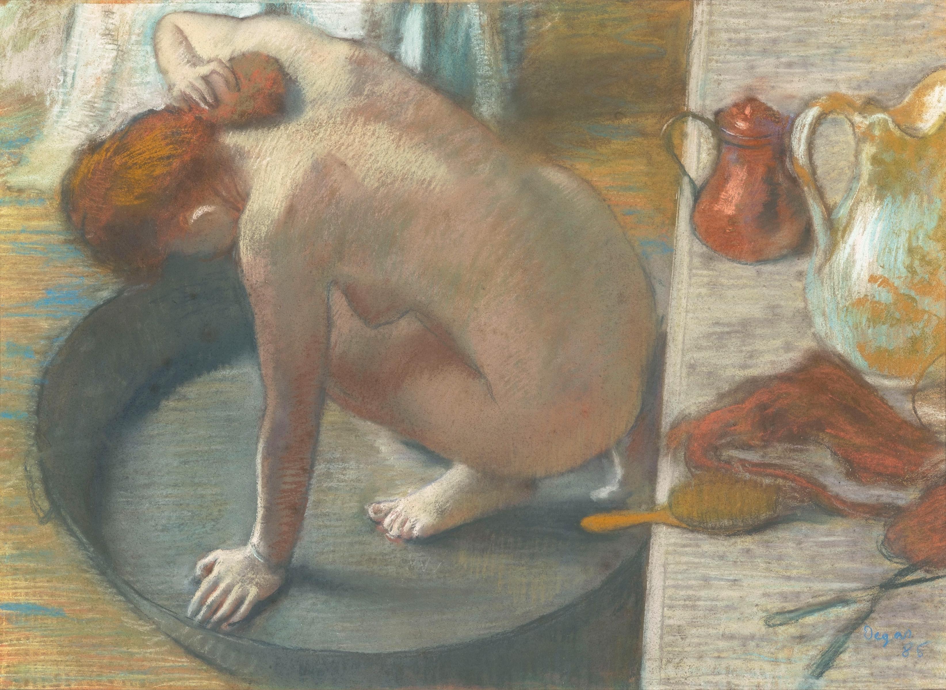 Edgar Degas, Le Tub, 1886 — a woman crouched in a shallow zinc bathtub, her back to the viewer, sponge in hand