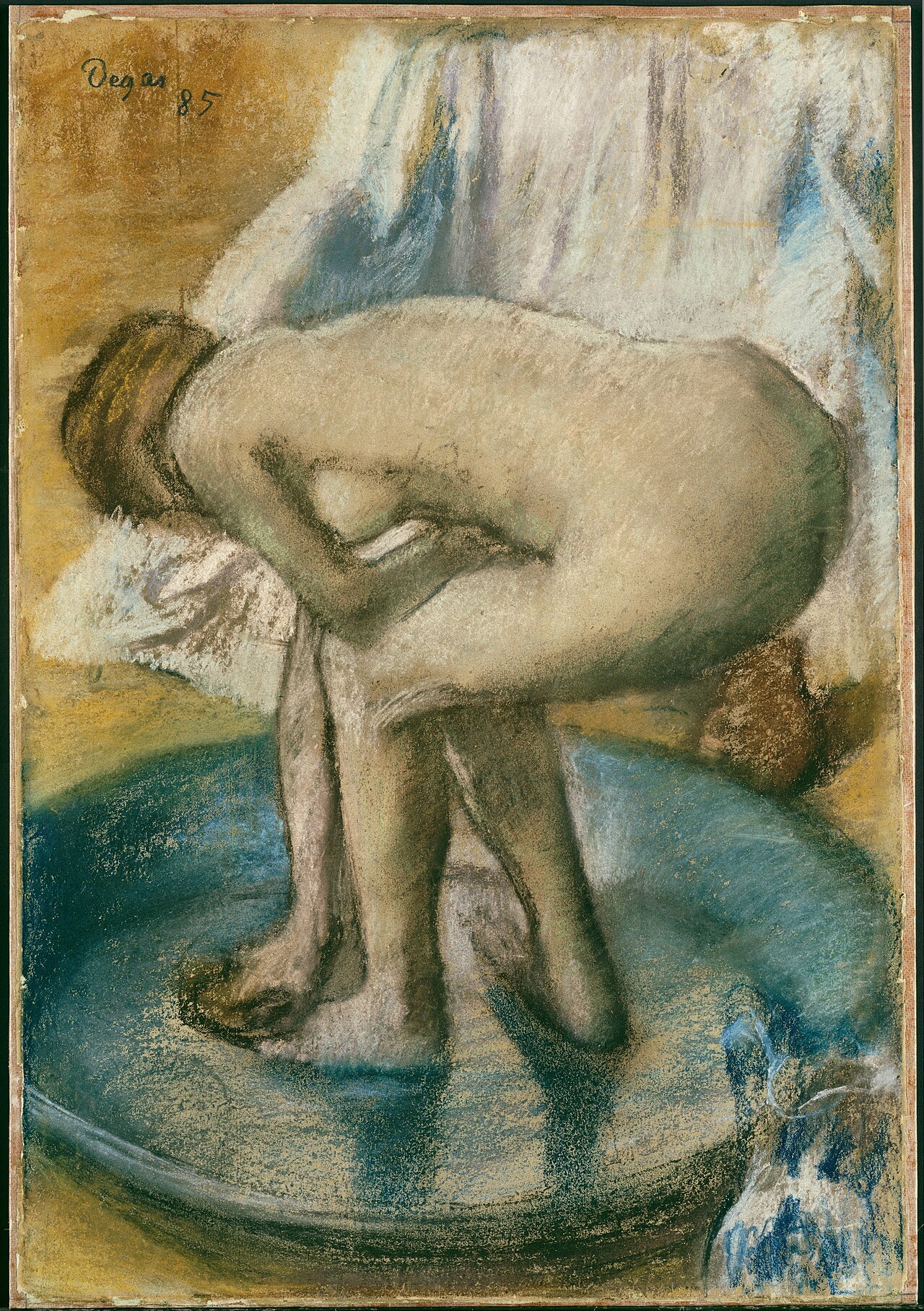 Edgar Degas, Woman Bathing in a Shallow Tub, c. 1885 \u2014 pastel, a woman crouching in a metal tub, her body bent forward in an unposed, intimate moment