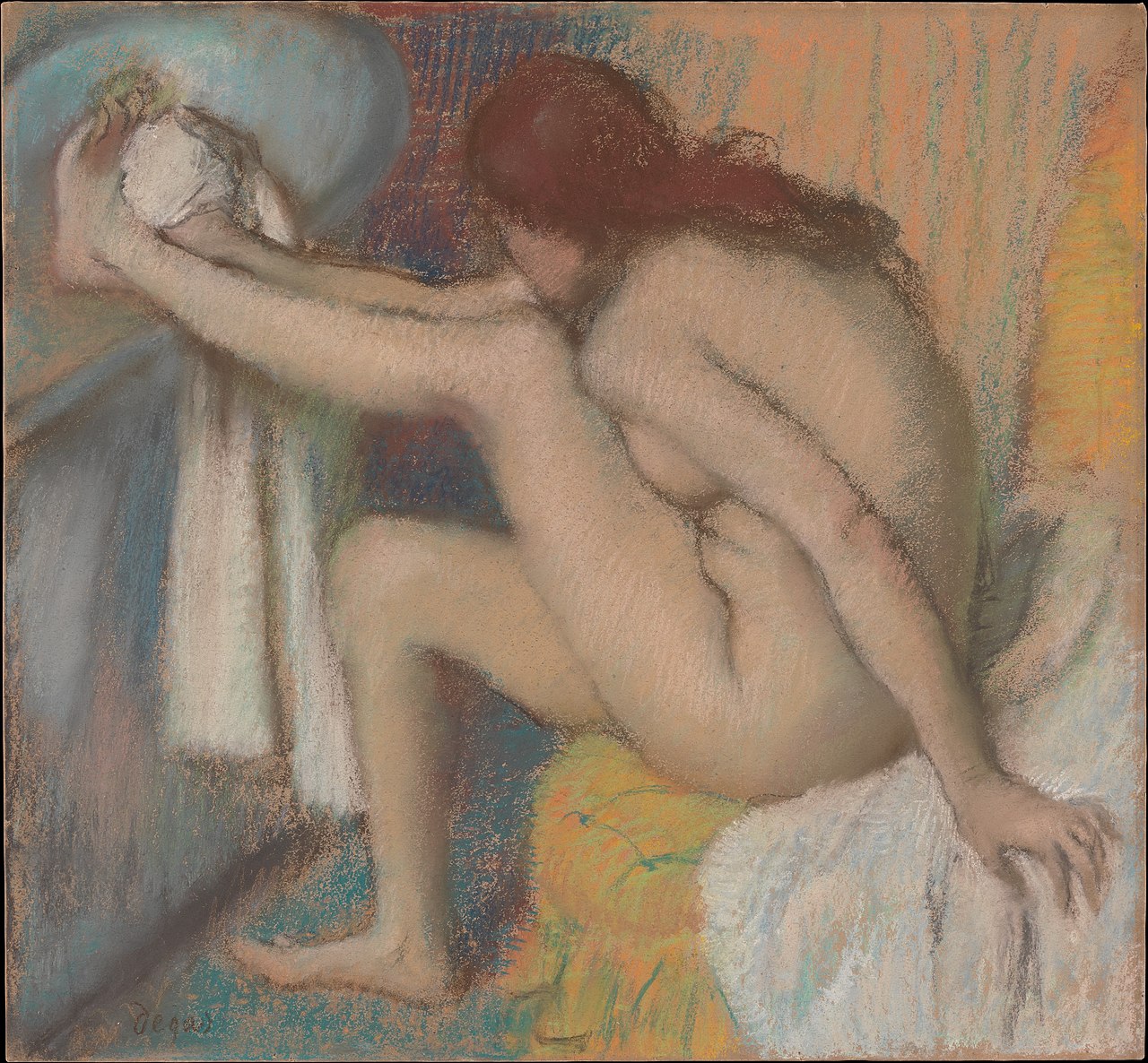 Edgar Degas, Woman Drying Her Foot, c. 1885-86 \u2014 pastel, a nude woman bent over drying her foot with a towel, captured mid-motion