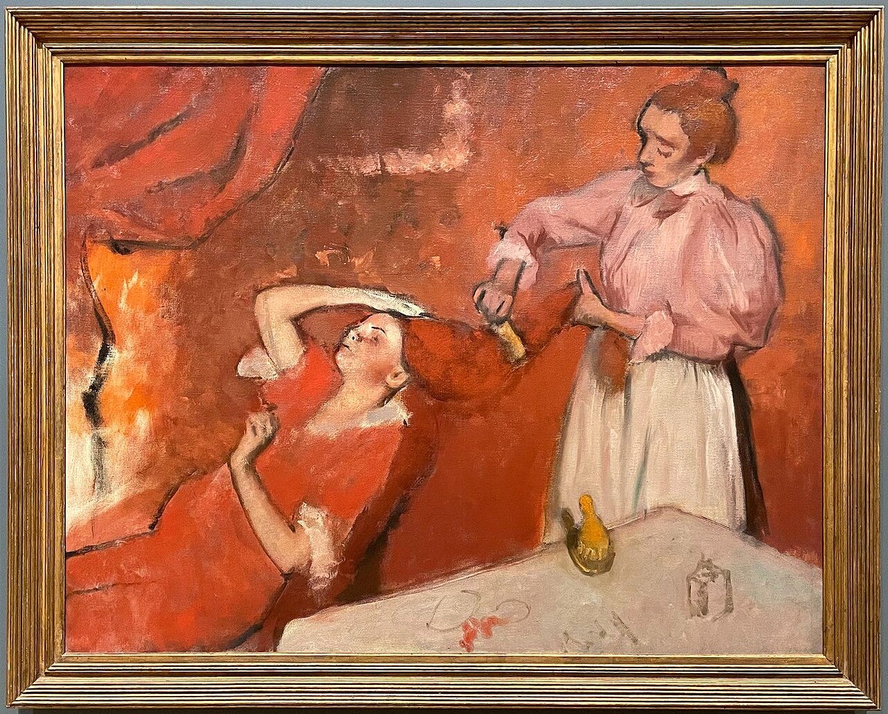 Edgar Degas, Combing the Hair (La Coiffure), 1896 \u2014 pastel, a woman seated while her hair is combed by another figure, rich orange and red tones