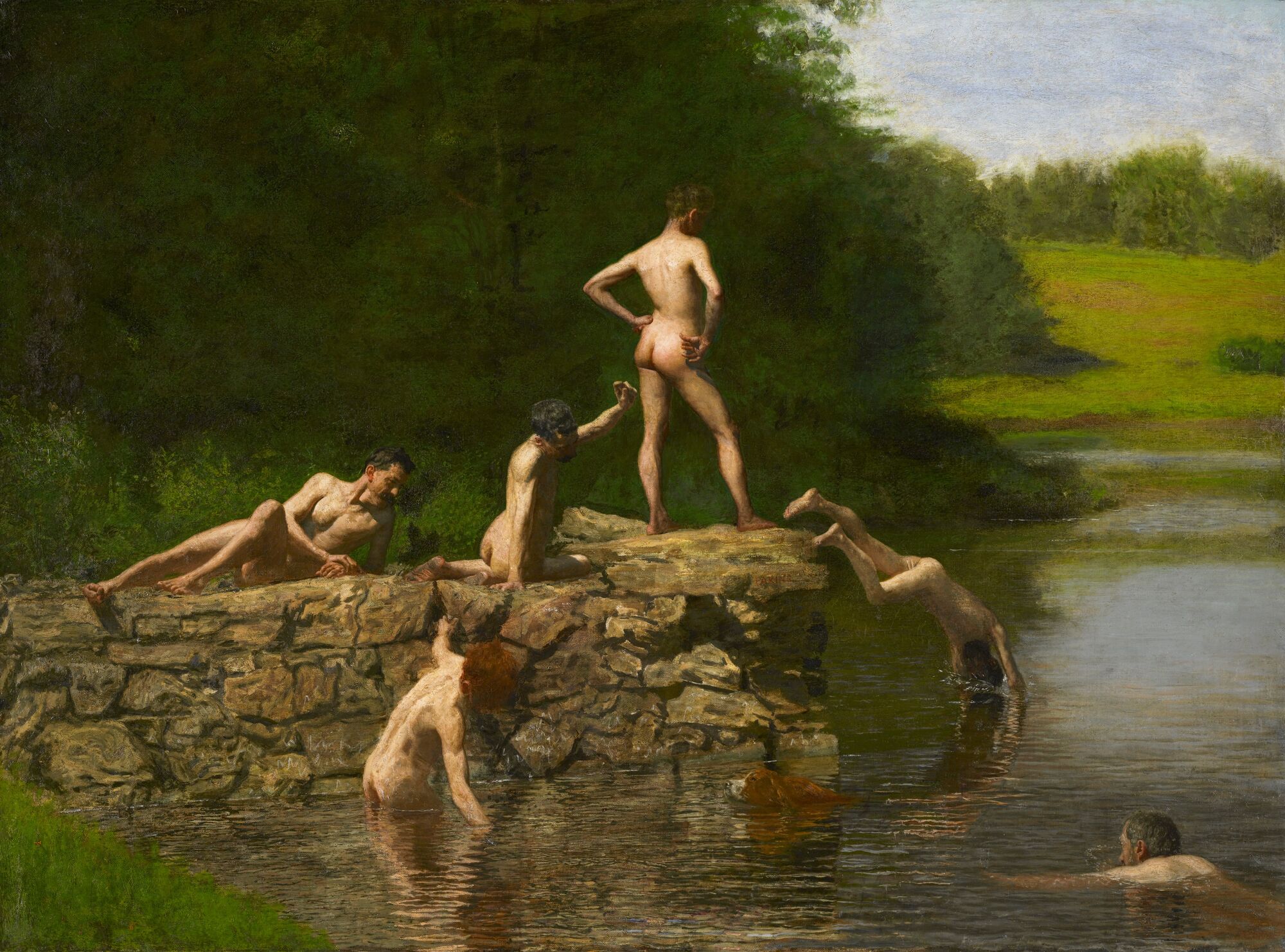 Thomas Eakins, Swimming (The Swimming Hole), 1895. Oil on canvas. Six nude men swimming and lounging by a rocky lake shore, the artist himself swimming in the lower right.