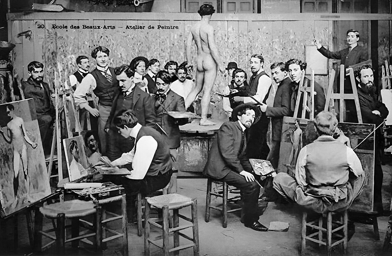 Art students painting from a live nude model at the Ecole des Beaux-Arts, Paris, late 19th century