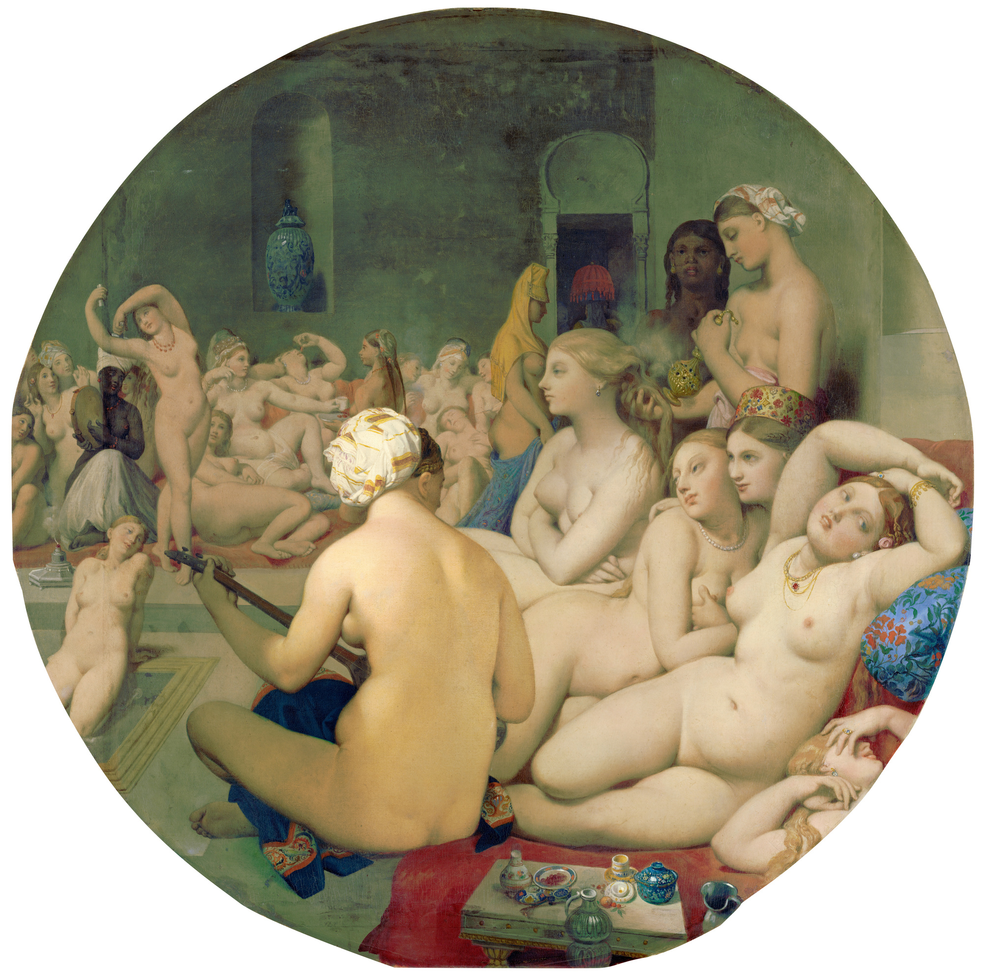 Jean-Auguste-Dominique Ingres, Le Bain Turc (The Turkish Bath), 1862 — a circular painting filled with nude female figures in a harem bathhouse