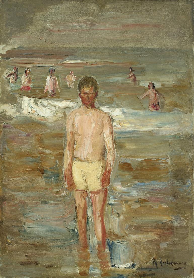 Max Liebermann, Stehender Knabe am Strande (Standing Boy at the Beach), oil painting. Public domain.