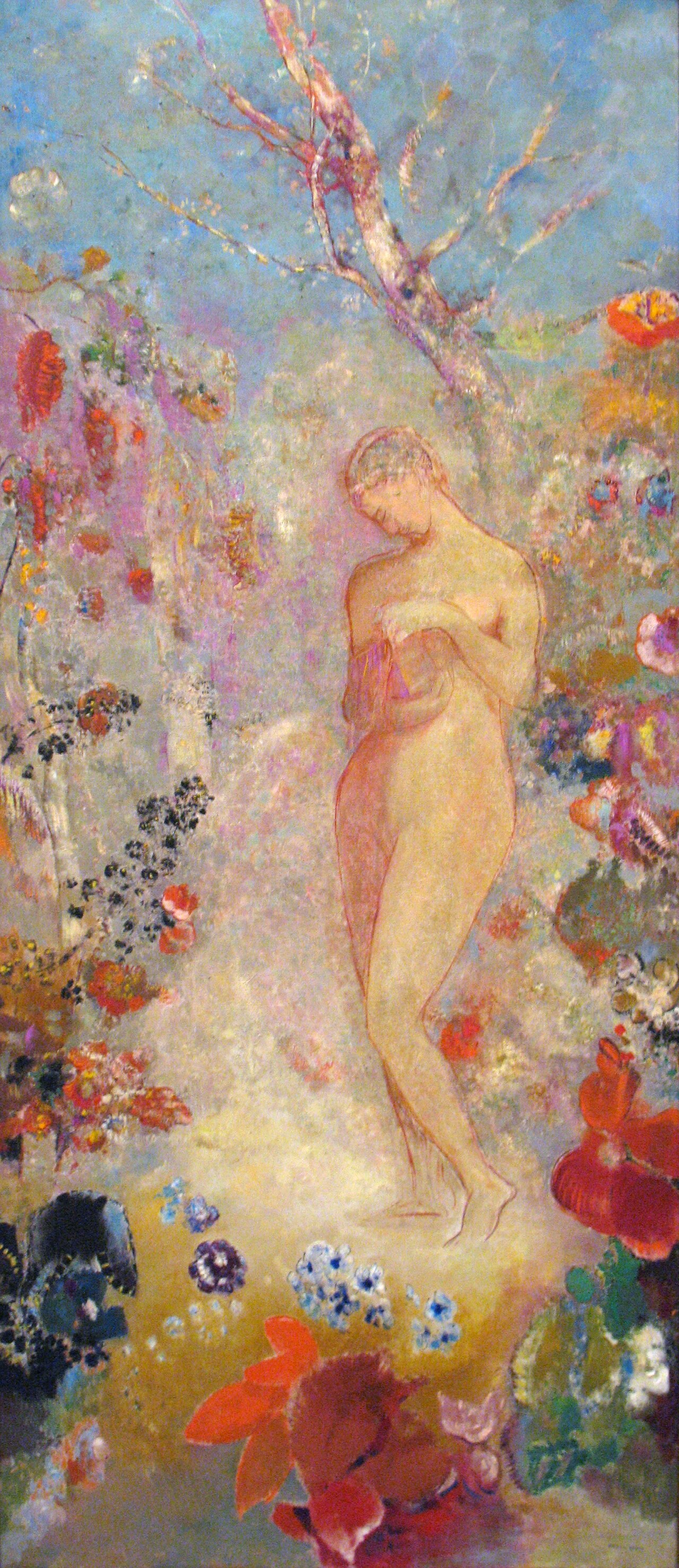 Odilon Redon, Pandora, 1914 \u2014 The mythological first woman stands nude in a field of impossible flowers.