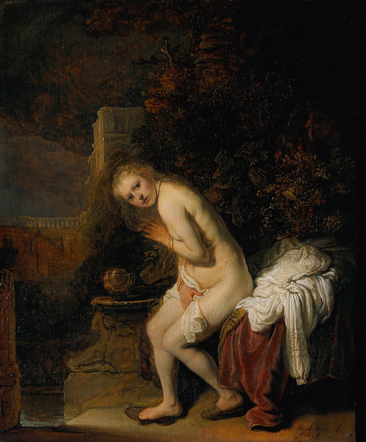 Rembrandt van Rijn, Susanna Bathing, 1636, Mauritshuis \u2014 a nude woman turns toward the viewer, covering herself, having spotted the elders spying on her