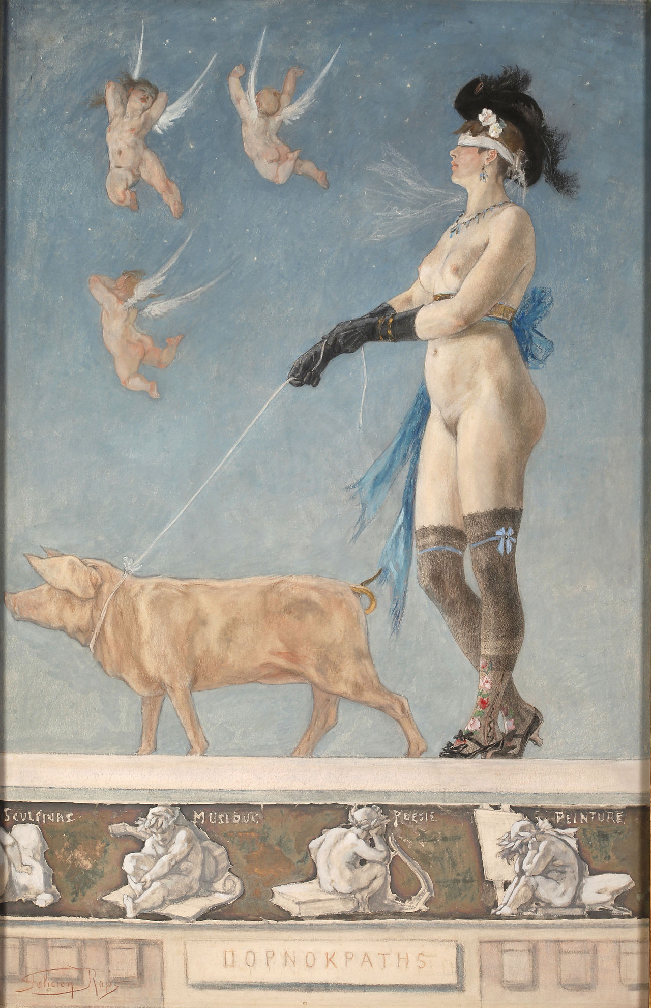 Pornokrat\u00e8s (1878) by F\u00e9licien Rops \u2014 a blindfolded nude woman in black stockings, feathered hat, and gloves, led by a pig on a golden leash, with cherubs above.
