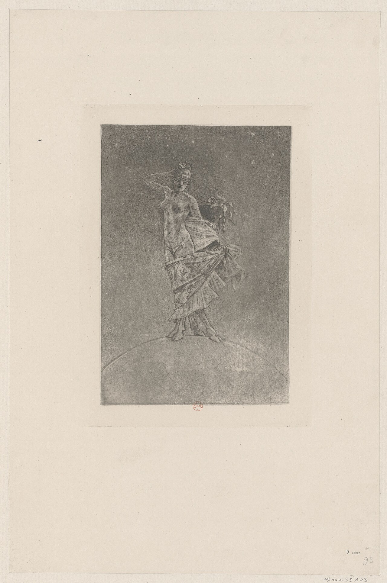 La Prostitution et la Folie dominent le monde \u2014 an allegorical etching by F\u00e9licien Rops showing a nude woman representing prostitution dominating the world with figures below.