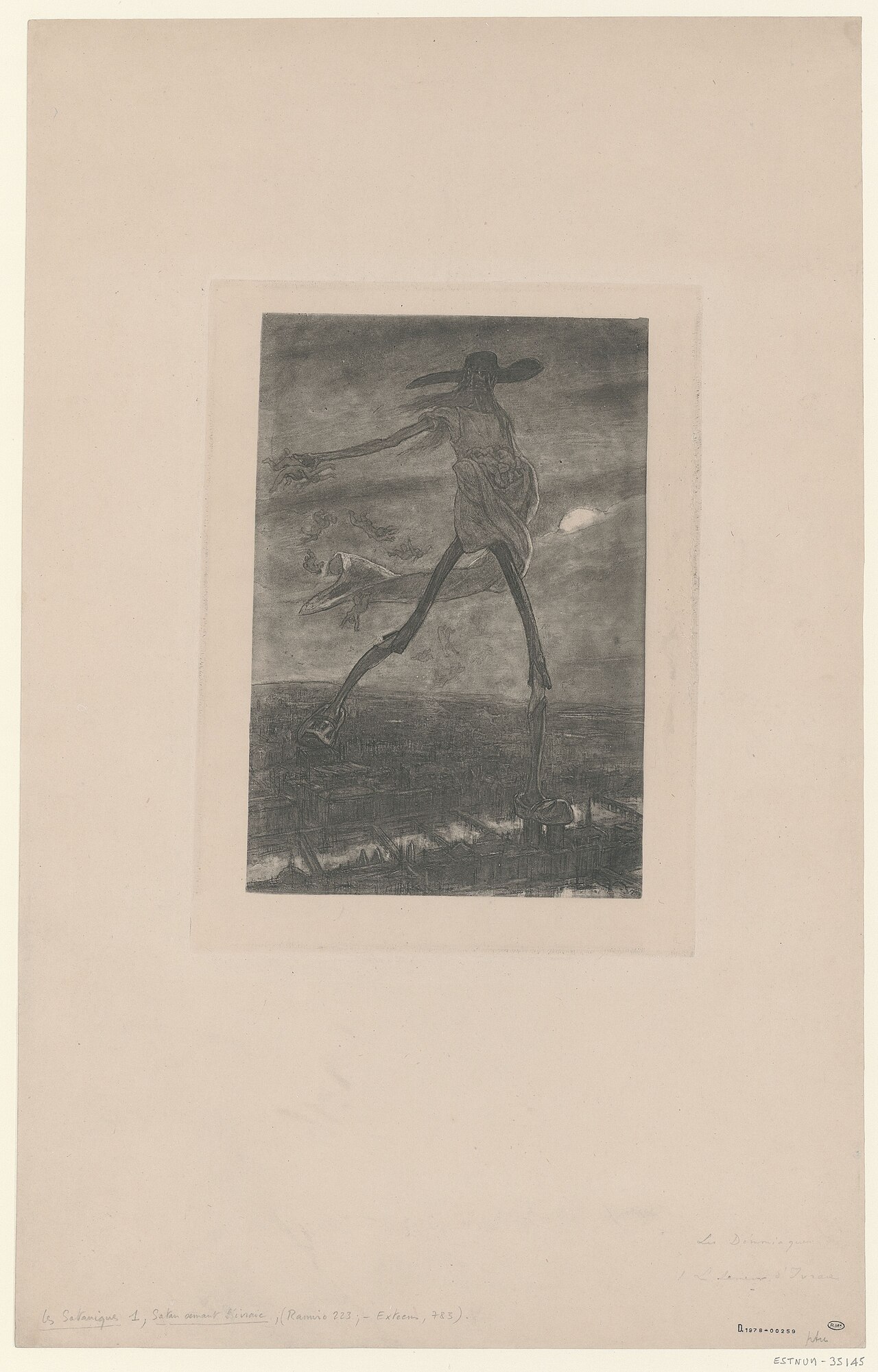 Satan semant l'ivraie (Les Sataniques) \u2014 a skeletal Satan figure sowing seeds over a sleeping city while nude figures lie below.
