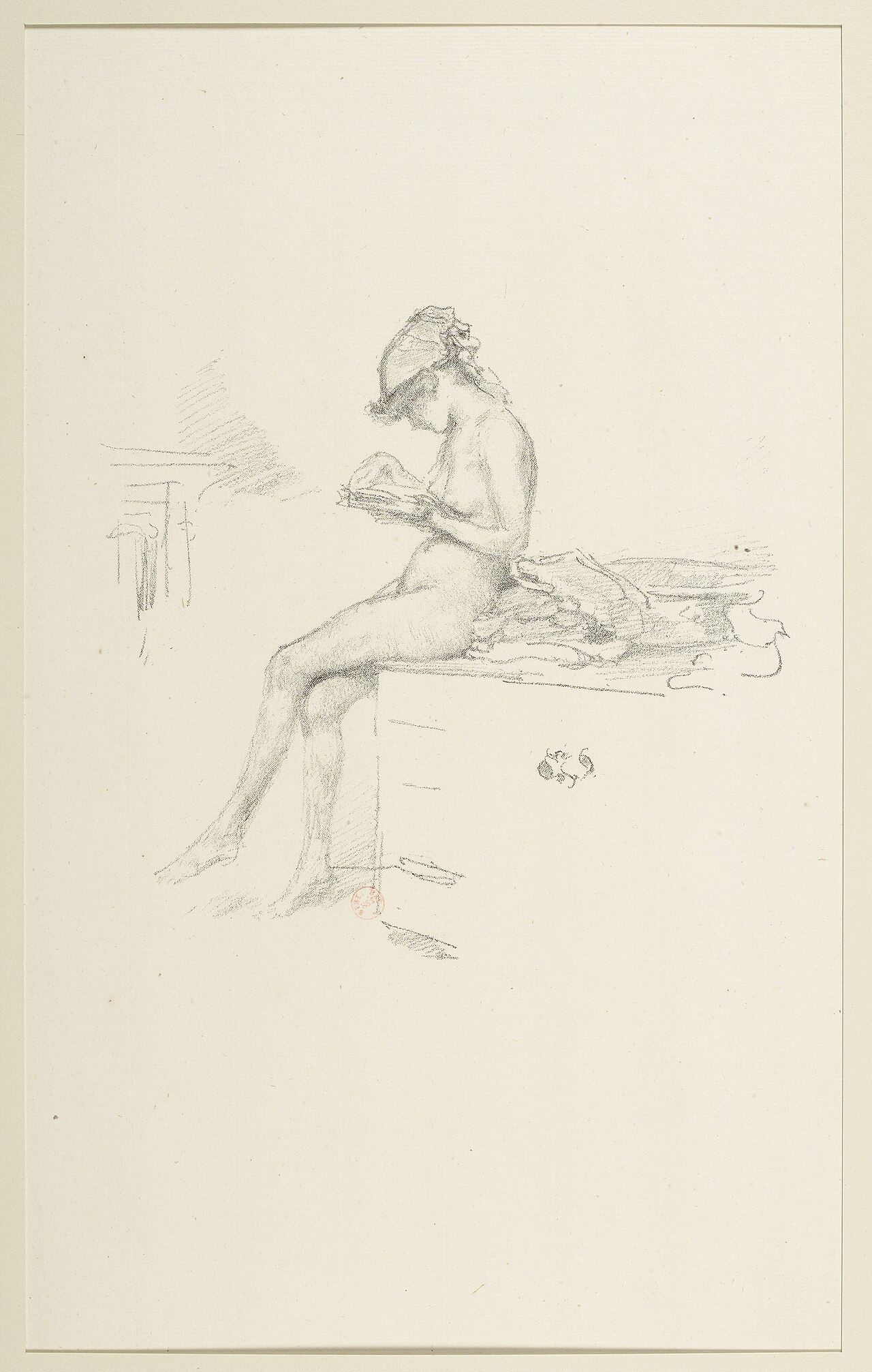 James McNeill Whistler, The Little Nude Model Reading. Lithograph of a nude female model seated on a stool, absorbed in reading a book.
