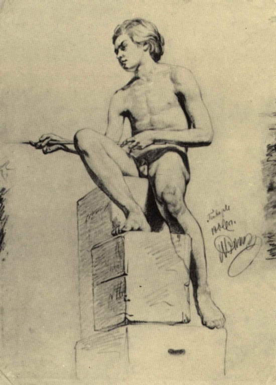 Ilya Repin, Seated Male Nude (Youth Model), 1866, a young male figure seated on a stool, rendered with careful attention to anatomy and light
