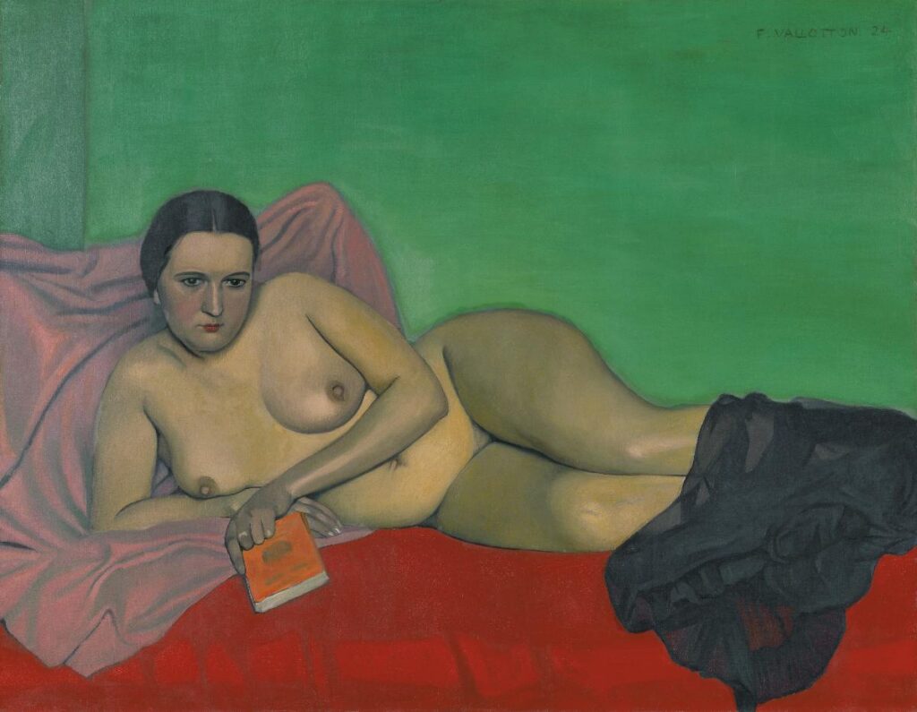 Painting of a seated nude woman reading a book, by Félix Vallotton, 1924