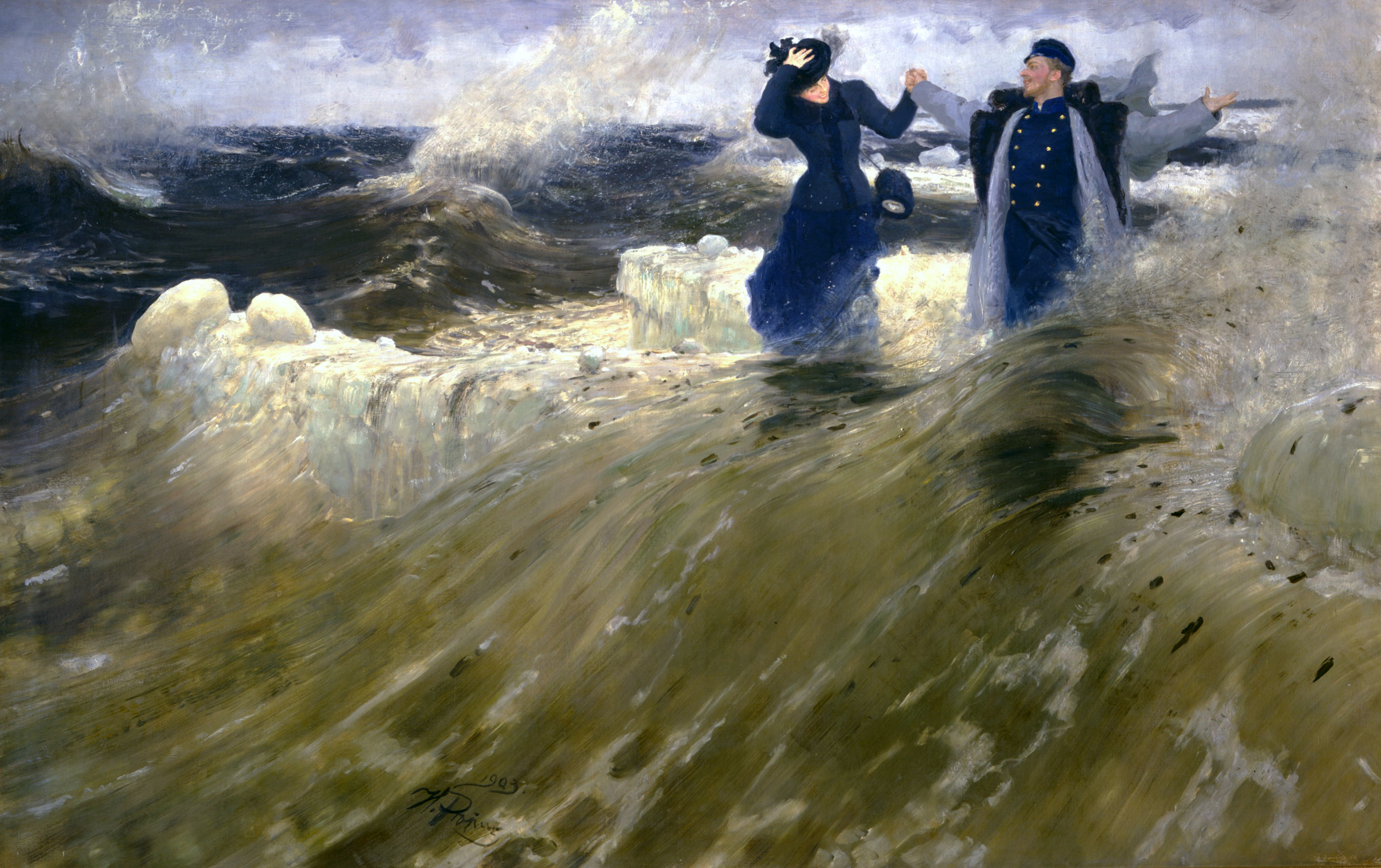 Ilya Repin, What Freedom! (1903), a young couple stands in ocean surf, the man's arm raised in exultation, the woman's hair blown by the wind, both figures nude against a vast sky