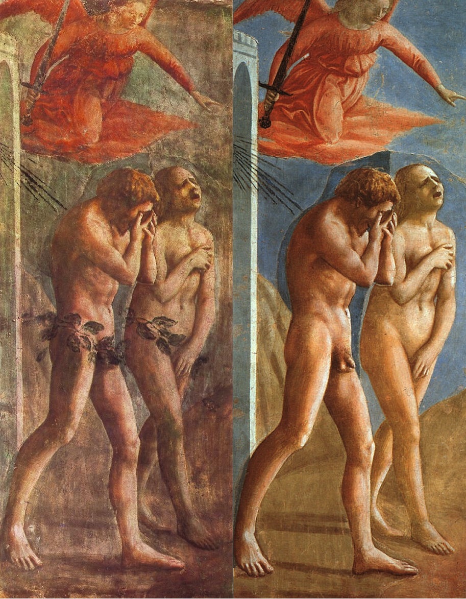 Masaccio, Expulsion from the Garden of Eden, Adam and Eve nude in grief