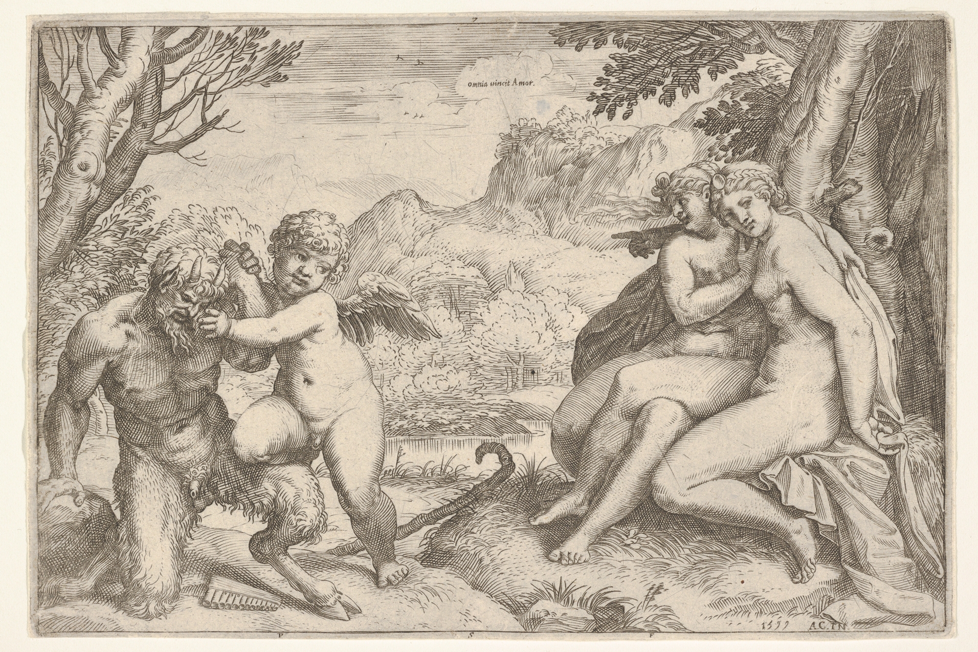Agostino Carracci after Annibale Carracci, Omnia Vincit Amor engraving, Venus and Cupid wrestling a satyr