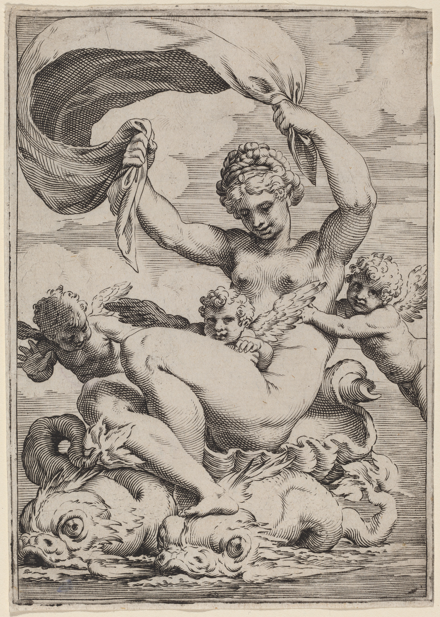 Agostino Carracci, Venus or Galatea Supported by Dolphins, study for the Lascivie series