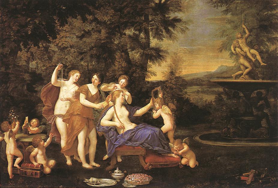 Venus Attended by Nymphs and Cupids, an oil painting by Francesco Albani showing Venus reclining among nymphs and cupids in a sunlit landscape