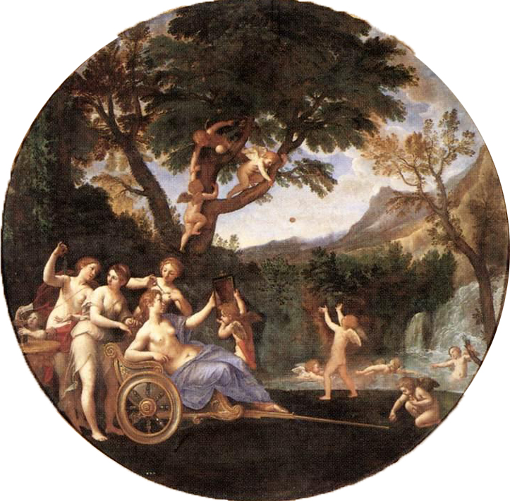 Venus at her Toilet, an oil painting by Francesco Albani showing the goddess Venus seated at a mirror