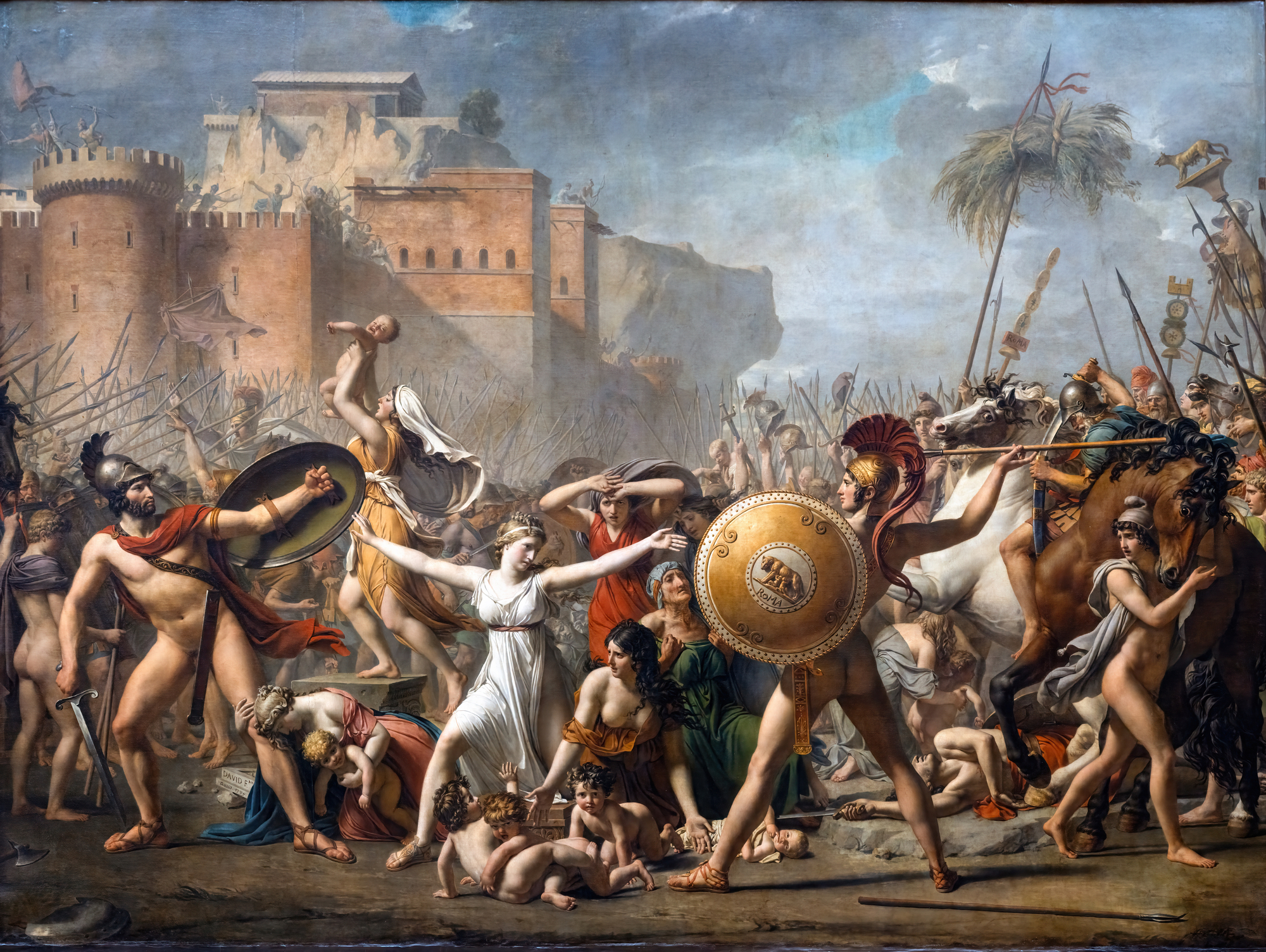 Jacques-Louis David, The Intervention of the Sabine Women, 1799, heroic nude warriors of antiquity