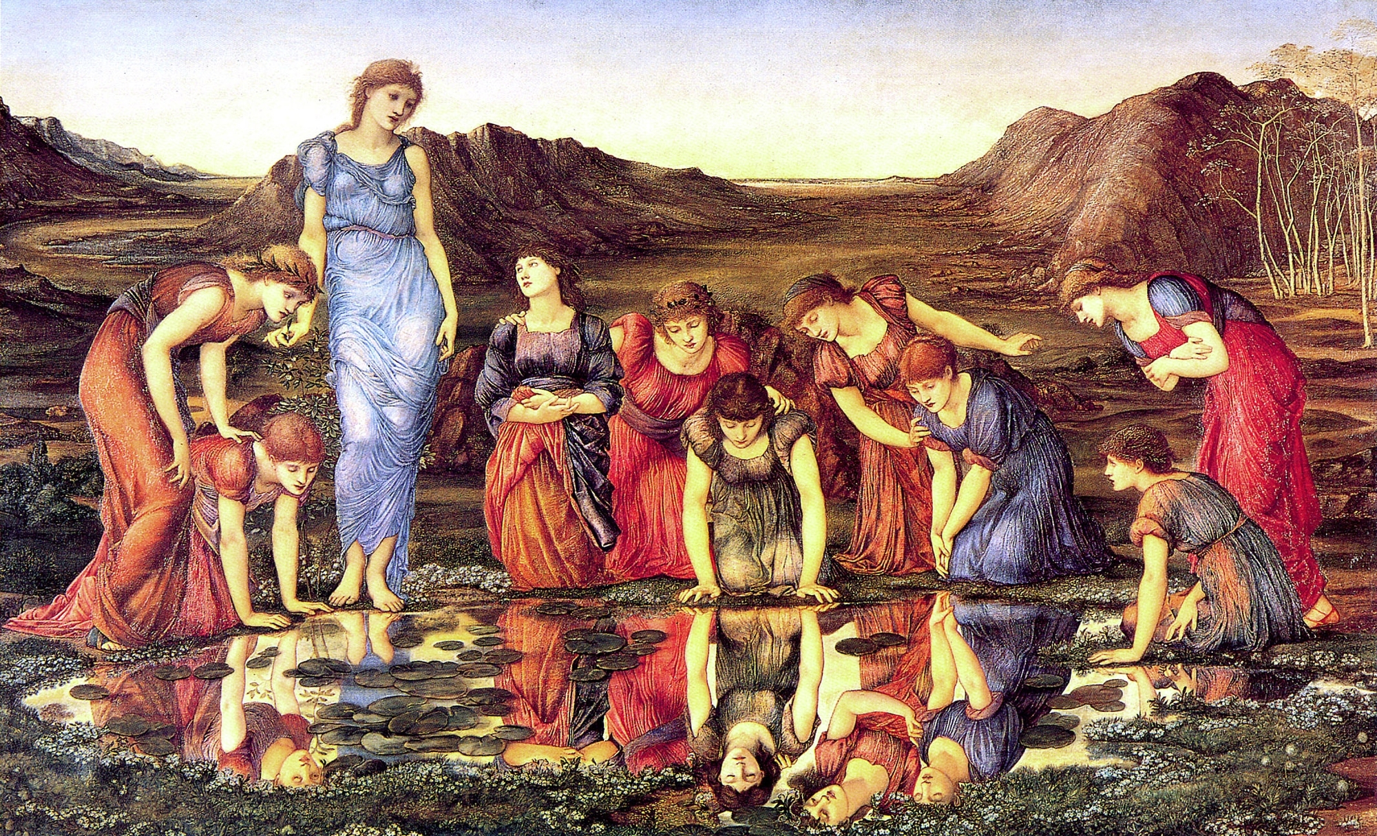 Edward Burne-Jones, The Mirror of Venus, 1875. A group of women gathered around a still pool, absorbed in their own reflections.