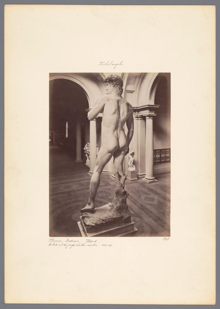 Michelangelo's David, the colossal nude marble statue, photographed in the Galleria dell'Accademia in Florence