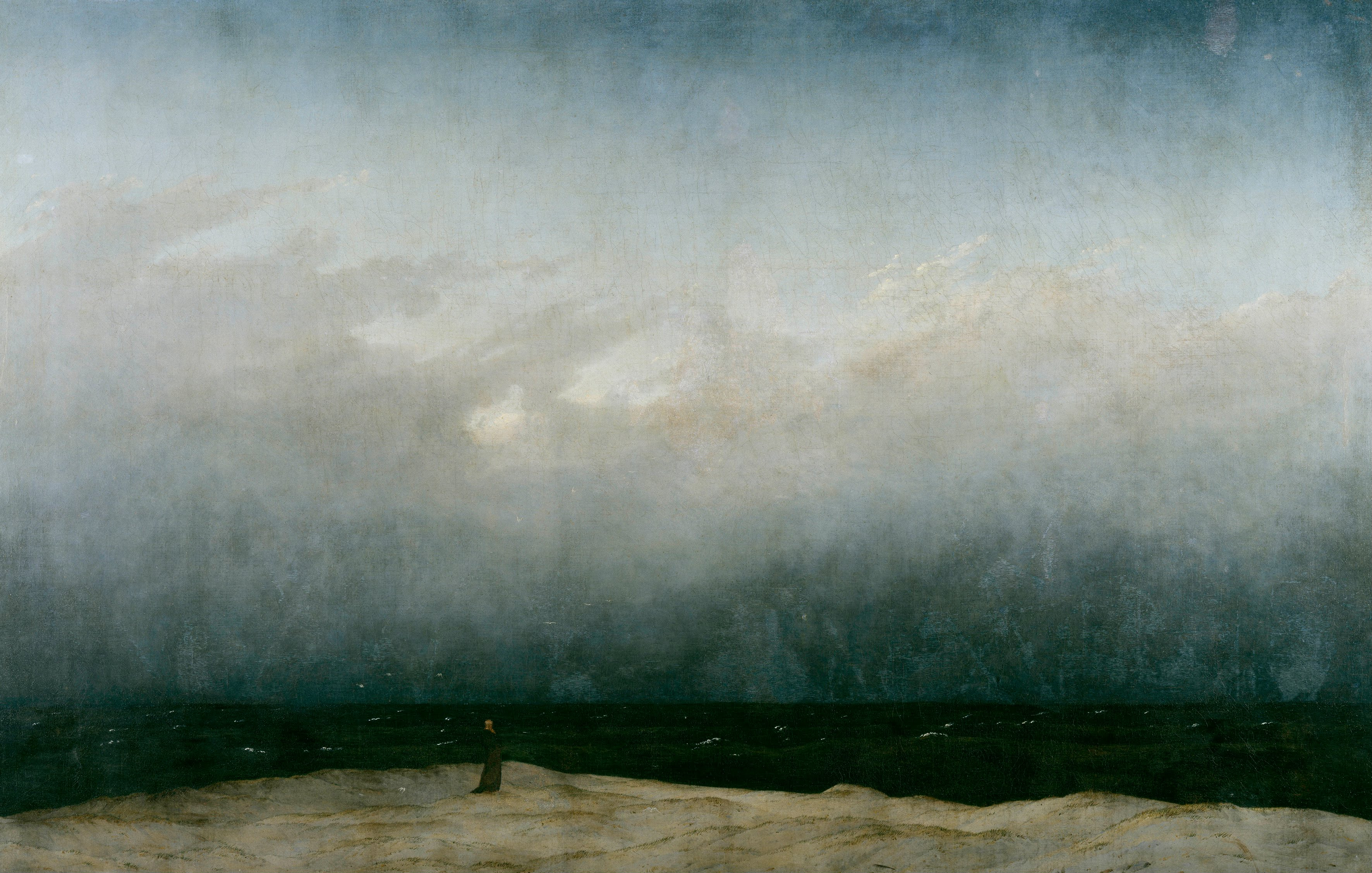 Caspar David Friedrich, Monk by the Sea, 1808-1810, a tiny lone figure standing before a vast sea and sky