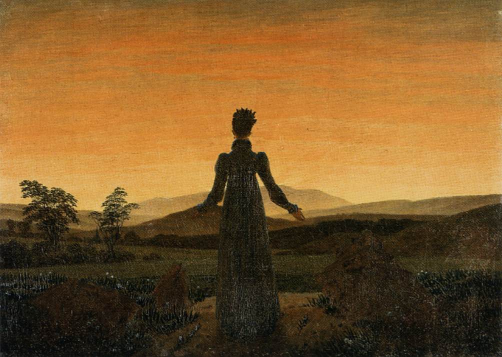 Caspar David Friedrich, Woman before the Rising Sun, c. 1818, a woman seen from behind with arms raised toward the sunrise
